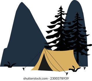 acampando en las montañas. Tienda de campaña y pinos. Ilustración vectorial en estilo plano.