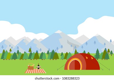 Camping in the mountains, tourist tent on the green grass against the backdrop of the mountains. Flat design, vector illustration, vector.