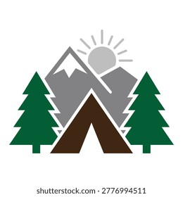 Camping in mountains with trees and sunny weather outdoor scene icon