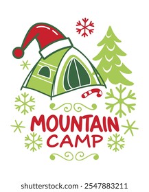 Camping in the Mountains t-shirt design vector illustration, mountain landscape vector illustration, Christmas Adventure, Holiday explore mountain theme graphic T-shirt design. 