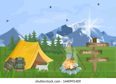 Camping in the mountains Vector flat style. Park nature outdoors background