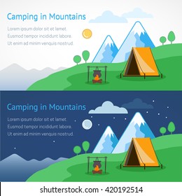 Camping in Mountains vector illustration. Vector flat banner on the theme of Climbing, Trekking, Hiking, Walking. Sports, Camping, outdoor recreation, adventures in nature, vacation.  Evening camp.