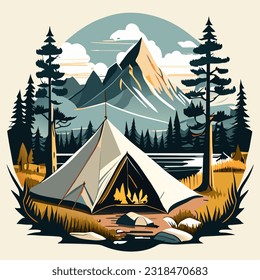 Camping in the mountains. Vector illustration of a tent in the mountains.