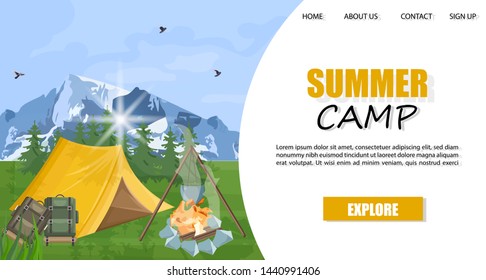 Camping in the mountains Vector template. Layout brochure concept. Park nature outdoors background