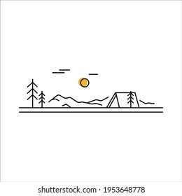 Camping in mounts Line art concept. Mountains tent pine trees landscape. Outdoor rest, trekking, activity sport.  Flat line vector illustration on white background