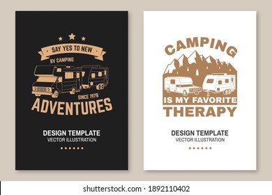 Camping is my favorite therapy. Posters, banners, flyers. Vector Concept for shirt or logo, print, stamp or tee. Vintage typography design with RV Motorhome, camping trailer and mountain silhouette