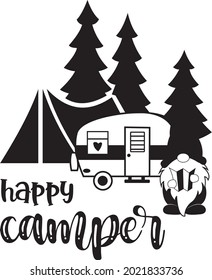 Camping con mis gnomies svg ilustración vectorial aislada en fondo blanco. Gnomes   están sentados cerca de la tienda. Feliz camper gnome. Diseño de camping.Ilustración de viaje para vacaciones familiares