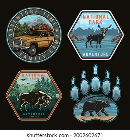 Camping and national park vintage badges with travel car with tourist equipment on roof deer walking bear and bison on nature landscapes isolated vector illustration