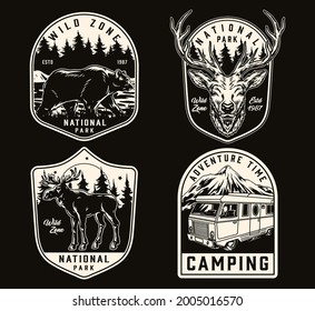 Camping and national park vintage labels in monochrome style with walking bear deer head moose and travel bus isolated vector illustration