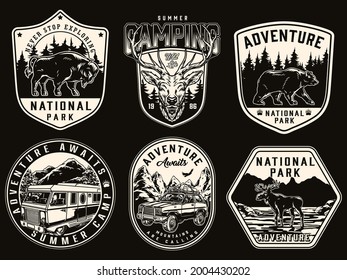 Camping and national park vintage prints with walking bear bison moose deer head motorhome and travel car with tourist equipment isolated vector illustration