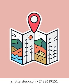 Camping nature camping activity design in map location shape figure design for t shirt sticker badge illustration