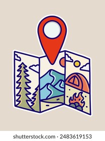 Camping nature camping activity design in map location shape figure design for t shirt sticker badge illustration