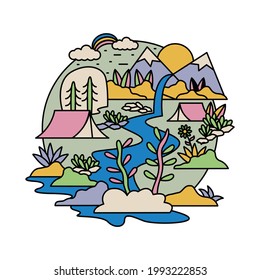 Camping nature adventure with river, mountain, and forest colorful graphic illustration vector art t-shirt design