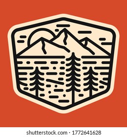 Camping nature adventure wild line badge patch pin graphic illustration vector art t-shirt design