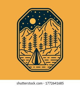 Camping nature adventure wild line badge patch pin graphic illustration vector art t-shirt design