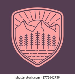 Camping nature adventure wild line badge patch pin graphic illustration vector art t-shirt design