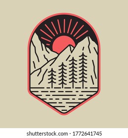 Camping nature adventure wild line badge patch pin graphic illustration vector art t-shirt design