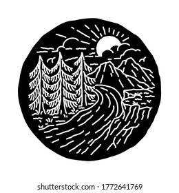 Camping nature adventure wild line badge patch pin graphic illustration vector art t-shirt design