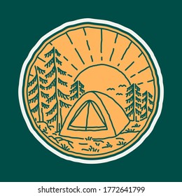 Camping nature adventure wild line badge patch pin graphic illustration vector art t-shirt design