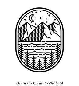 Camping nature adventure wild line badge patch pin graphic illustration vector art t-shirt design