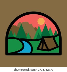 Camping nature adventure wild line badge patch pin graphic illustration vector art t-shirt design