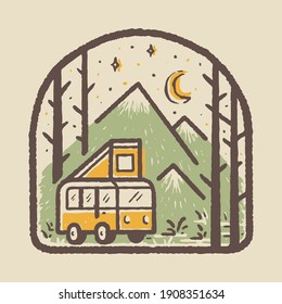 Camping nature adventure wild line badge patch pin graphic illustration vector art t-shirt design