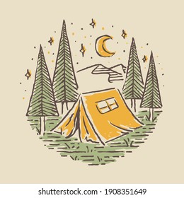 Camping nature adventure wild line badge patch pin graphic illustration vector art t-shirt design