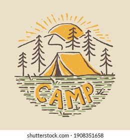 Camping nature adventure wild line badge patch pin graphic illustration vector art t-shirt design