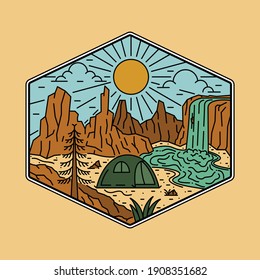 Camping nature adventure wild line badge patch pin graphic illustration vector art t-shirt design