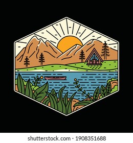 Camping nature adventure wild line badge patch pin graphic illustration vector art t-shirt design