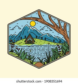 Camping nature adventure wild line badge patch pin graphic illustration vector art t-shirt design