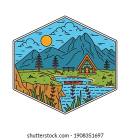 Camping nature adventure wild line badge patch pin graphic illustration vector art t-shirt design