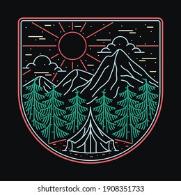 Camping nature adventure wild line badge patch pin graphic illustration vector art t-shirt design