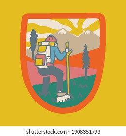 Camping nature adventure wild line badge patch pin graphic illustration vector art t-shirt design