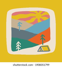 Camping nature adventure wild line badge patch pin graphic illustration vector art t-shirt design