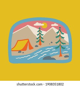 Camping nature adventure wild line badge patch pin graphic illustration vector art t-shirt design
