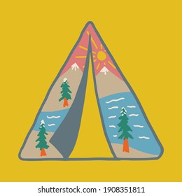 Camping nature adventure wild line badge patch pin graphic illustration vector art t-shirt design