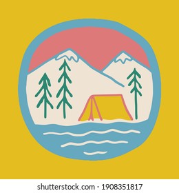 Camping nature adventure wild line badge patch pin graphic illustration vector art t-shirt design