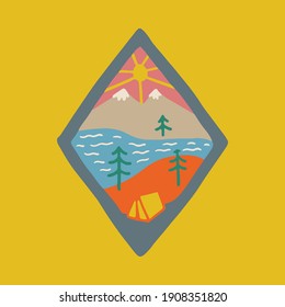 Camping nature adventure wild line badge patch pin graphic illustration vector art t-shirt design