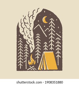 Camping nature adventure wild line badge patch pin graphic illustration vector art t-shirt design