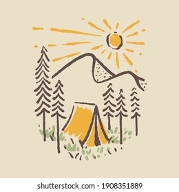 Camping nature adventure wild line badge patch pin graphic illustration vector art t-shirt design