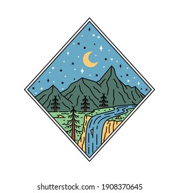 Camping nature adventure wild line badge patch pin graphic illustration vector art t-shirt design