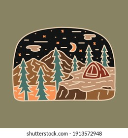 Camping nature adventure wild line badge patch pin graphic illustration vector art t-shirt design