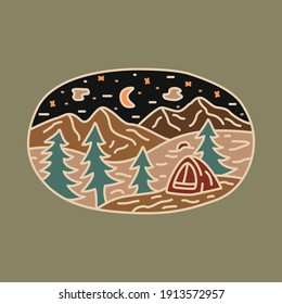 Camping nature adventure wild line badge patch pin graphic illustration vector art t-shirt design