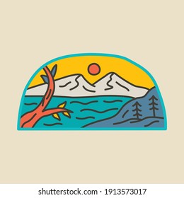 Camping nature adventure wild line badge patch pin graphic illustration vector art t-shirt design