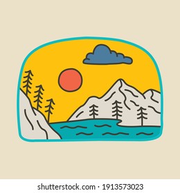 Camping nature adventure wild line badge patch pin graphic illustration vector art t-shirt design