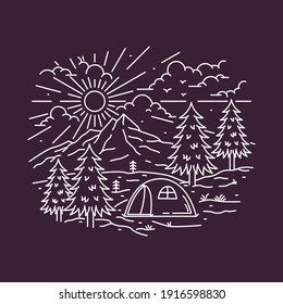 Camping nature adventure wild line badge patch pin graphic illustration vector art t-shirt design