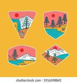 Camping nature adventure wild line badge patch pin graphic illustration vector art t-shirt design