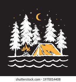 Camping nature adventure wild line badge patch pin graphic illustration vector art t-shirt design
