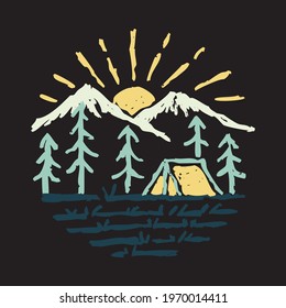 Camping nature adventure wild line badge patch pin graphic illustration vector art t-shirt design